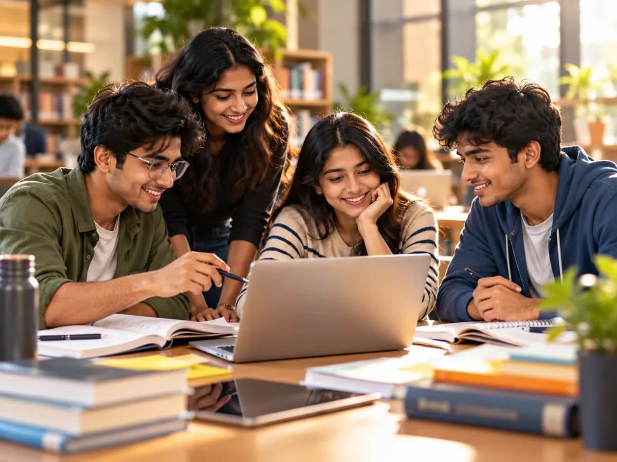 Students studying together in a sunlit library