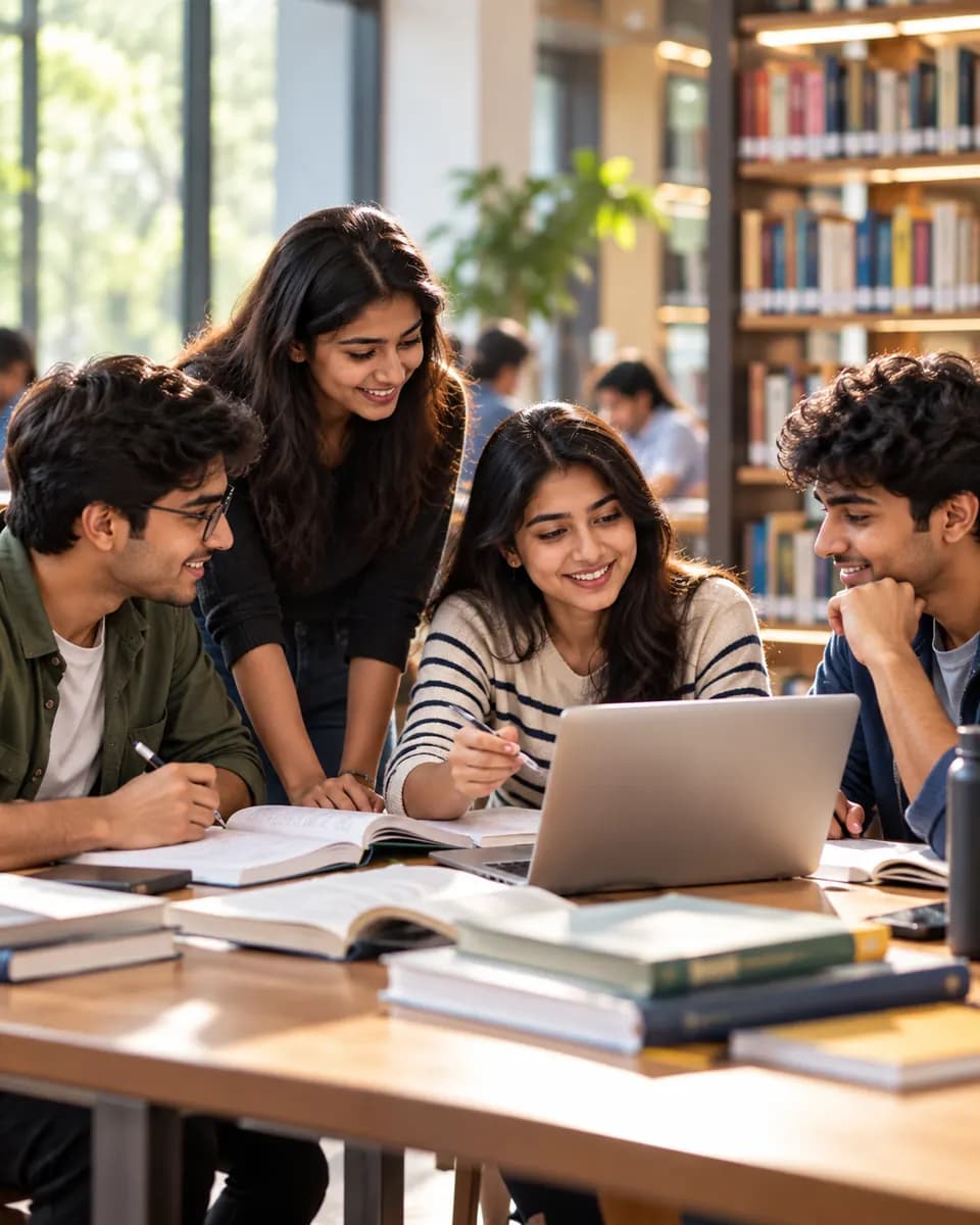 Indian students preparing together with books and a laptop in a library
